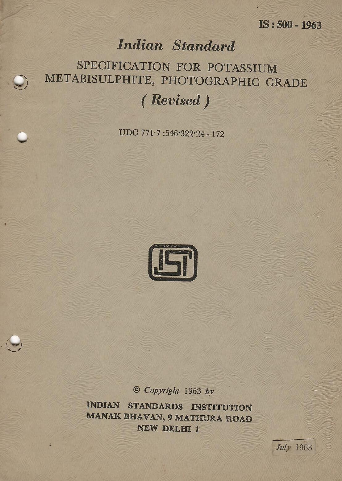 IS : 500 - 1963 - Specification for Potassium Metabisulphite, Photographic Grade (Revised) [Paperback] Indian Standards Institution