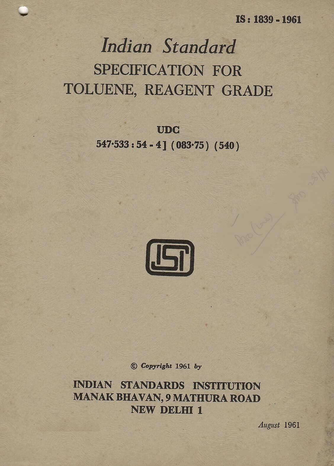 IS : 1839-1961 - Specification for Toluene, Reagent Grade [Paperback] Indian Standards Institution