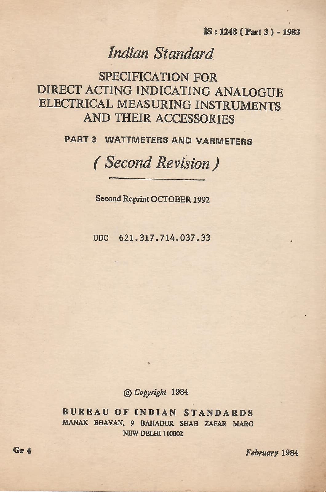 IS : 1248 (Part 3) - 1983 - Specification for Direct Acting Indicating Analogue Electrical measuring Instruments and Their Accessories - Part 3 Wattmeters and Varmeters (Second Revision) [Paperback] BIS