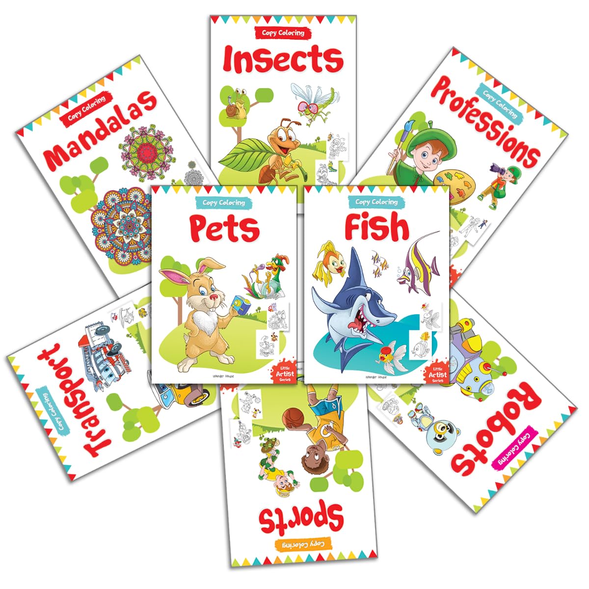 Let's Color: Copy Color Art Pack of 8 Books (Transport, Professions, Pets, Fish, Insects, Robots, Mandalas and Sports) - 3 years to 8 years - Retail Maharaj