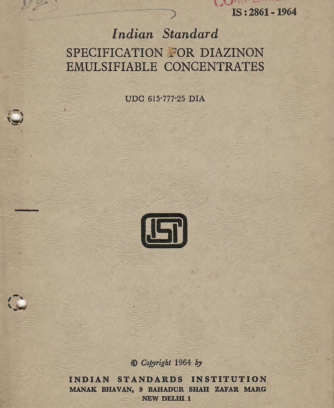 IS : 2861-1964 - Specification for Diazinon Emulsifiable Concentrates [Paperback] Indian Standards Institution