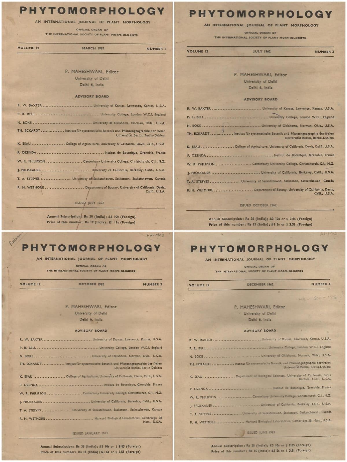 Phytomorphology - An International Journal Of Plant Morphology - Volume 12, 1962, Number 1 to 4 (Set Of 4 Books)