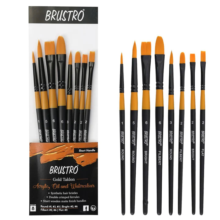 Brustro Gold Taklon Artist Brush Set of 8 Round Bright Filbert Flat - Retail Maharaj
