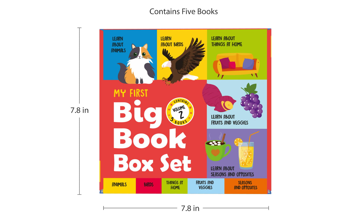 My First Big Book Boxset-Volume 2 (5 Books): A Pizza Box of 5 Large Font Illustrated Board Books on Animals, Birds, Fruits and Vegetables, Seasons, Opposites and Things at Home | Vocabulary Builder for Preschool Kids, Toddlers I Perfect Gift Set I Ages 1+ - Retail Maharaj