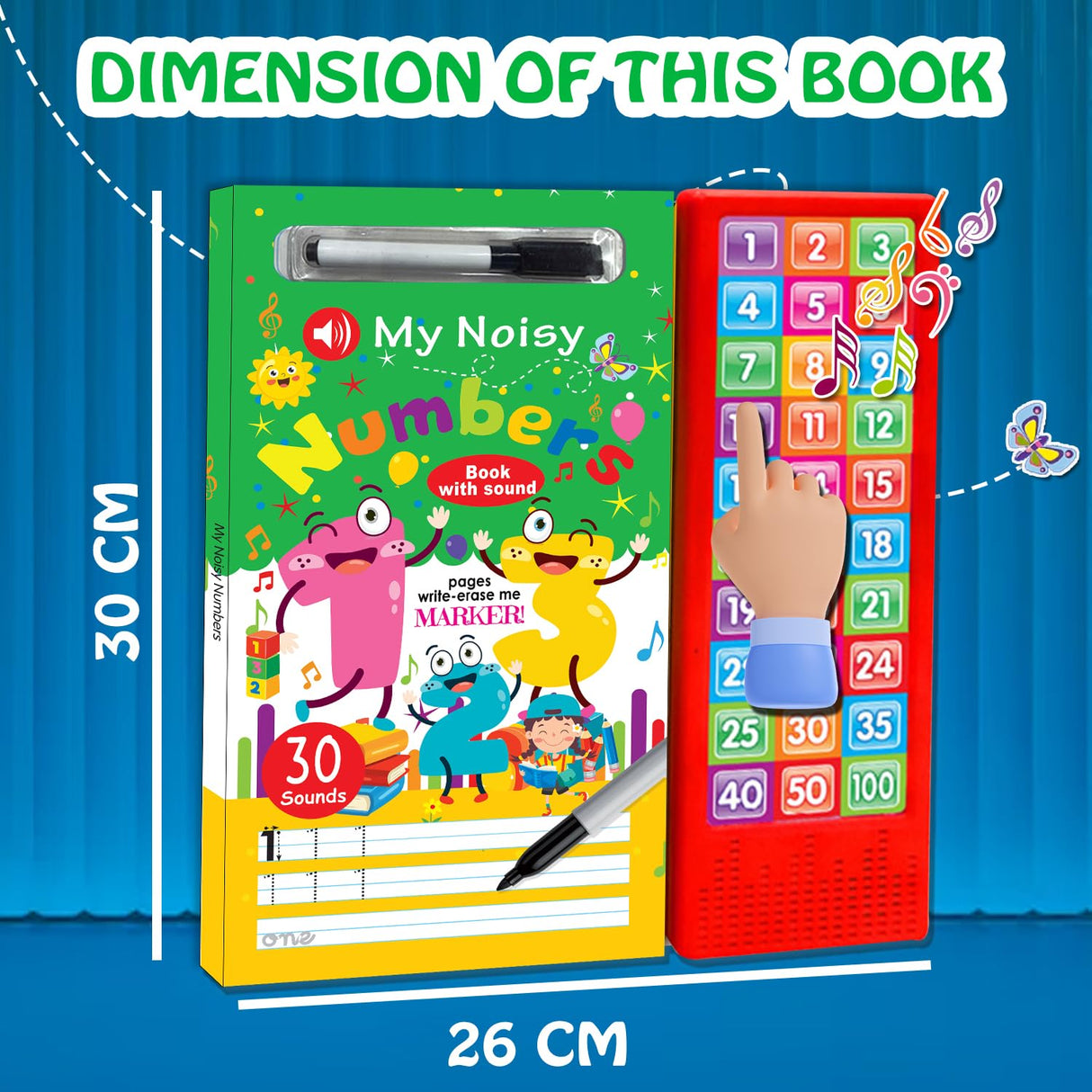 My Noisy Numbers Sound Book with 30 Sounds, Write-Erase Pages, Marker, Interactive Learning Toy for Kids 3 Years and Above - Retail Maharaj