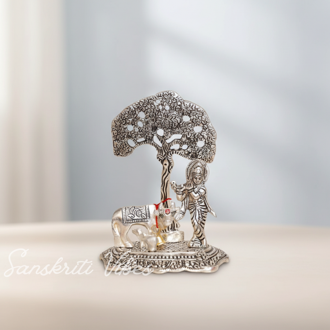 Metal Krishna Idol with Kamdhenu Cow Standing Under Tree – Decorative Showpiece Figurine for Pooja & Home Temple by Sanskriti Vibes | Glossy Finish - Retail Maharaj