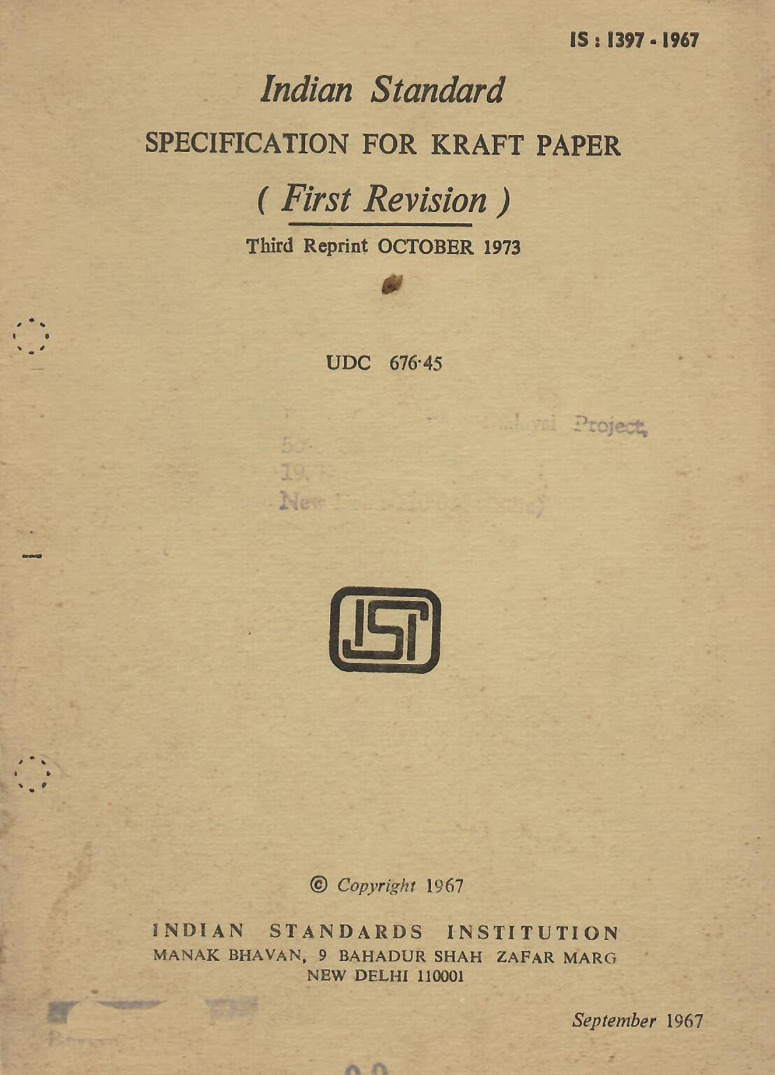IS : 1397-1967 - Specification for Kraft Paper (First Revision) [Paperback] Indian Standards Institution