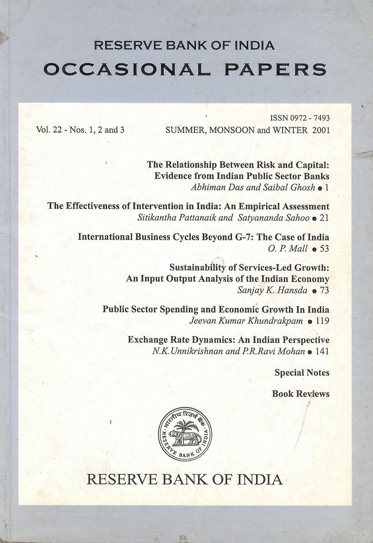 Reserve Bank of India - Occasional Papers - Summer, Monsoon and Winter 2001 - Vol. 22 - Nos. 1, 2 and 3 [Paperback] RBI