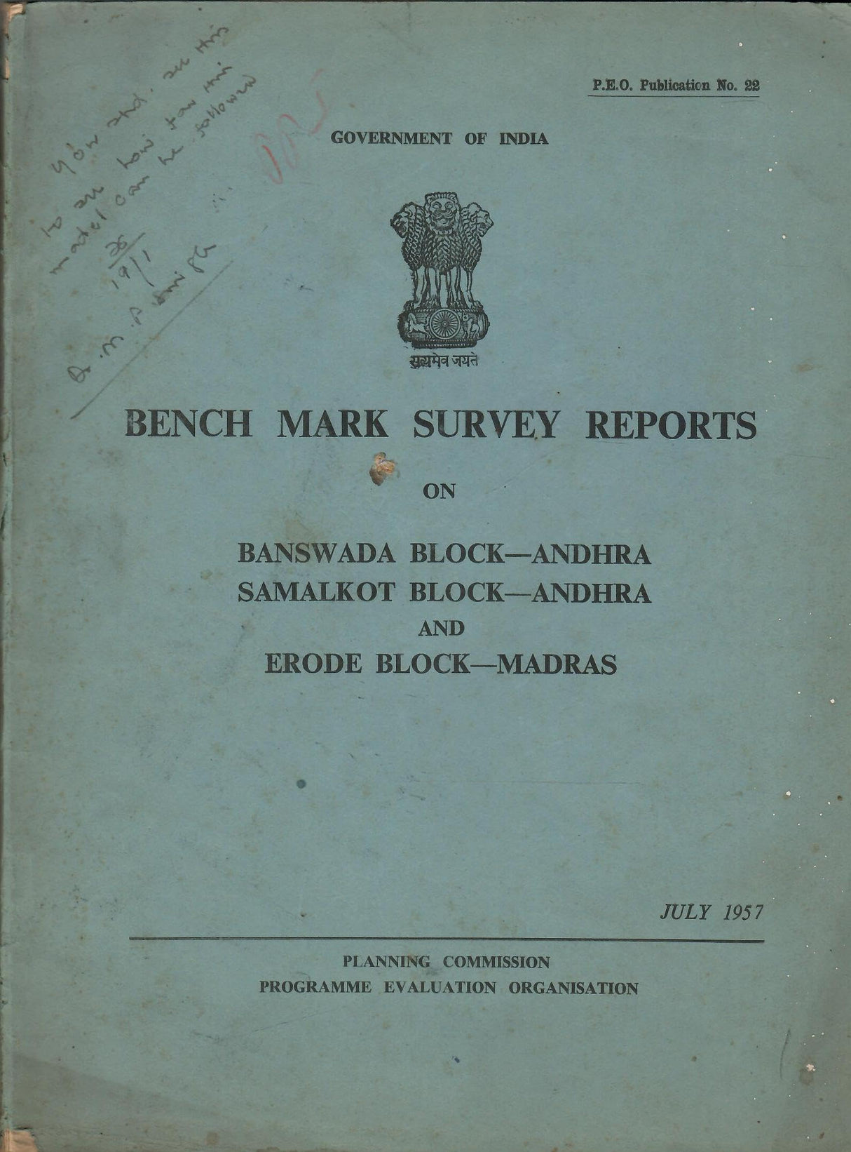 Bench Mark Survey Reports On Banswada Block-Andhra , Samalkot Block-Andhra And Erode Block-Madras