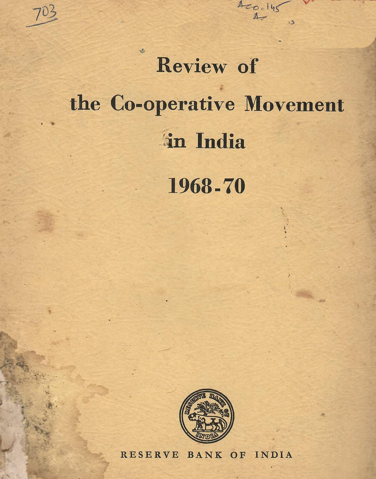 Review of the Co-operative Movemnet in India 1968-70 [Paperback] RBI