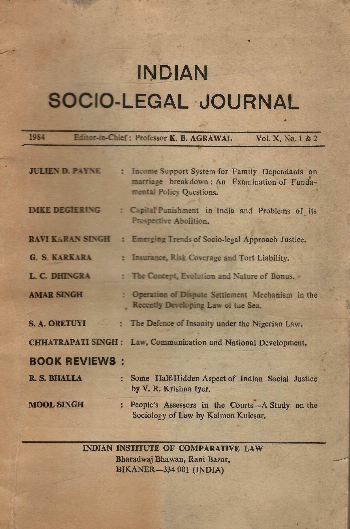 Indian Socio-Legal Journal - Vol. X , 1984