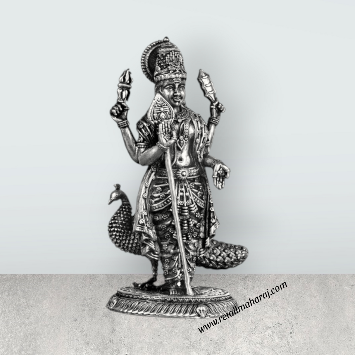 Murugan Statue With Peacock – 3.5 x 2.5 Inches | Silver Kartikeya Statue/ Antique Polish Murugan Silai for Home - Retail Maharaj