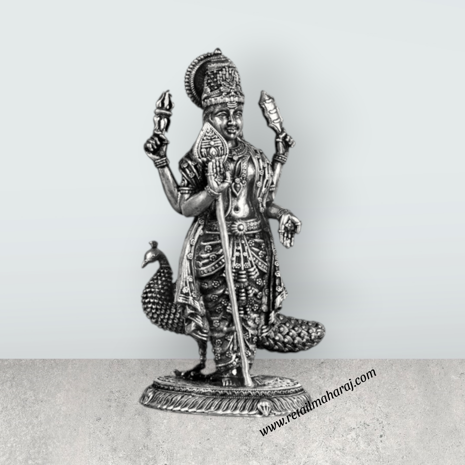 Murugan Statue With Peacock – 3.5 x 2.5 Inches | Silver Kartikeya Statue/ Antique Polish Murugan Silai for Home - Retail Maharaj