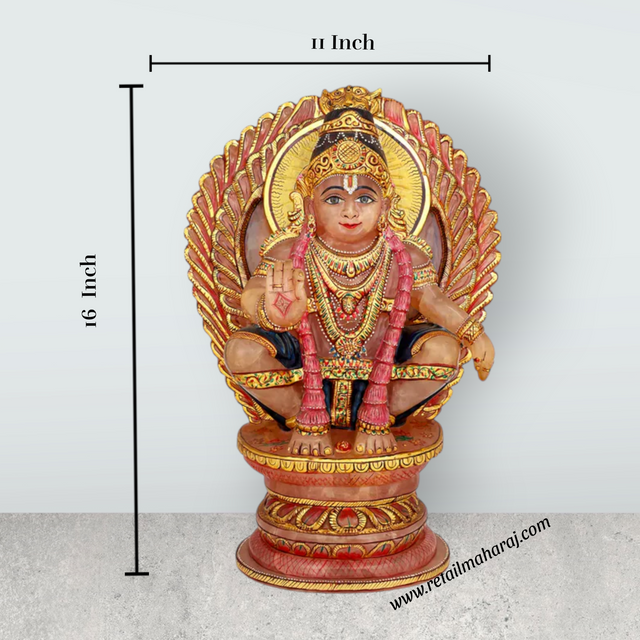 Ayyappan Sitting on Base Murti - 16 x 11 Inches | Rose Quartz Ayyappa Idol / Iyyapan Statue for Pooja - Retail Maharaj