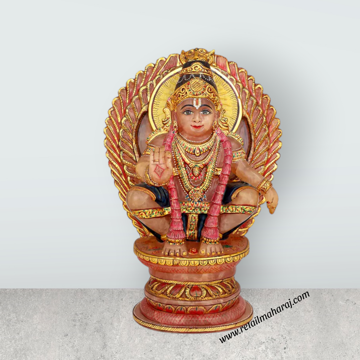Ayyappan Sitting on Base Murti - 16 x 11 Inches | Rose Quartz Ayyappa Idol / Iyyapan Statue for Pooja - Retail Maharaj