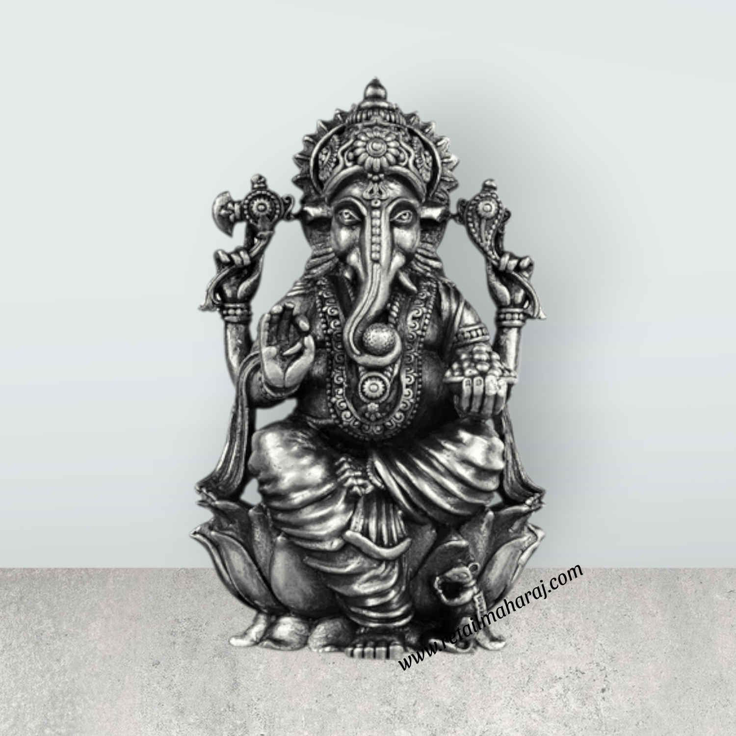 Ganesh Murti Sitting On Lotus - 3 x 1.75 Inches | Silver Ganpati Murti/ Antique Polish Vinayaka Idol for Pooja - Retail Maharaj