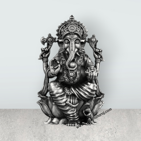 Ganesh Murti Sitting On Lotus - 3 x 1.75 Inches | Silver Ganpati Murti/ Antique Polish Vinayaka Idol for Pooja - Retail Maharaj