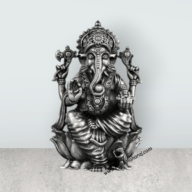 Ganesh Murti Sitting On Lotus - 3 x 1.75 Inches | Silver Ganpati Murti/ Antique Polish Vinayaka Idol for Pooja - Retail Maharaj