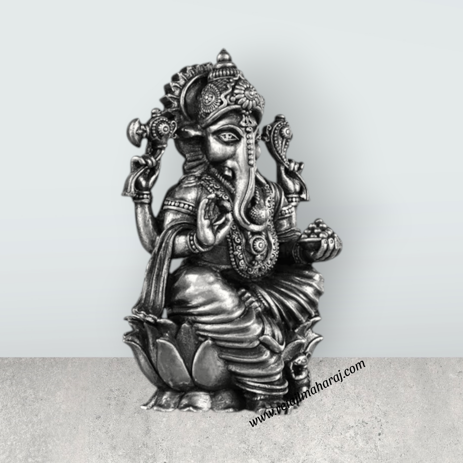 Ganesh Murti Sitting On Lotus - 3 x 1.75 Inches | Silver Ganpati Murti/ Antique Polish Vinayaka Idol for Pooja - Retail Maharaj