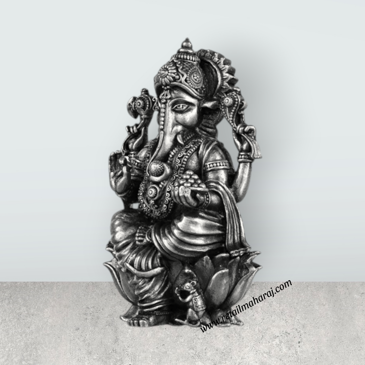 Ganesh Murti Sitting On Lotus - 3 x 1.75 Inches | Silver Ganpati Murti/ Antique Polish Vinayaka Idol for Pooja - Retail Maharaj