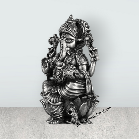 Ganesh Murti Sitting On Lotus - 3 x 1.75 Inches | Silver Ganpati Murti/ Antique Polish Vinayaka Idol for Pooja - Retail Maharaj