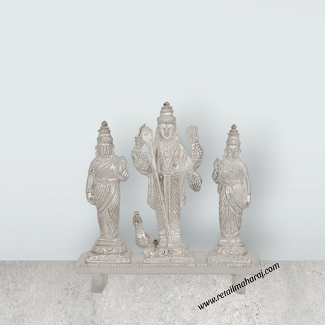 Murugar with Valli Deivanai Murti - 2.75 x 2.75 Inches | Silver Idol / Murugan Valli Deivanai Statue for Pooja - Retail Maharaj