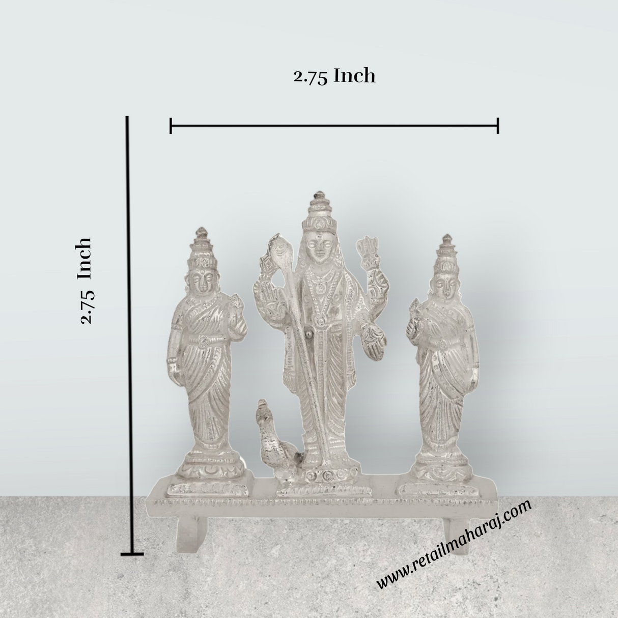 Murugar with Valli Deivanai Murti - 2.75 x 2.75 Inches | Silver Idol / Murugan Valli Deivanai Statue for Pooja - Retail Maharaj