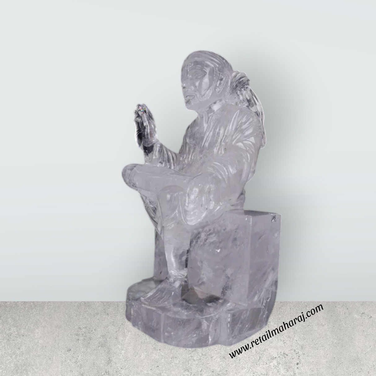 Saibaba Statue - 15 x 7.5 Inches | Spatik Saibaba Idol / Saibaba Sitting Murti / Sai Baba Vigraham - Retail Maharaj