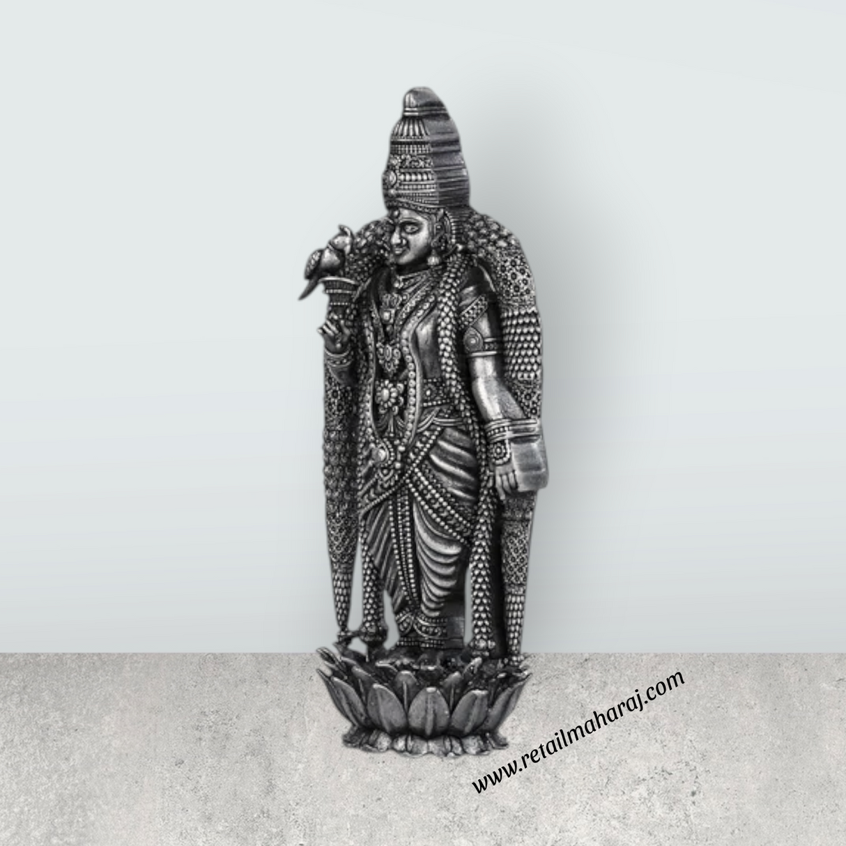 Meenakshi Amman Statue Standing On Lotus - 3.5 X 1.5 Inches | Silver Idol/ Antique Polish Meenakshi Statue For Pooja - Retail Maharaj