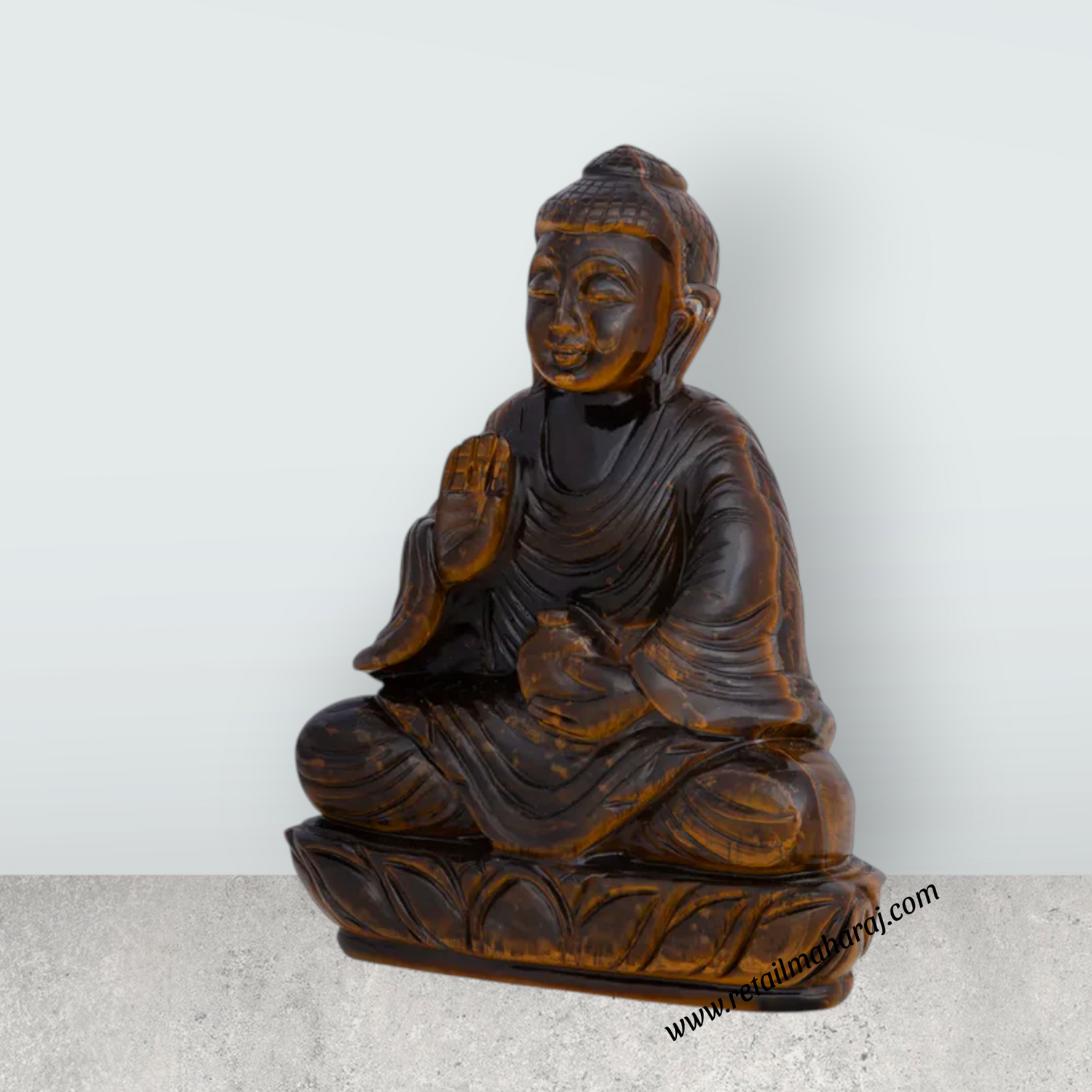 Buddha Statue Sitting on Flower Base - 6 x 4.5 Inches | Tiger Eye Semi-Precious Stone / Stone Buddha Murti / Buddha Idol for Home - Retail Maharaj