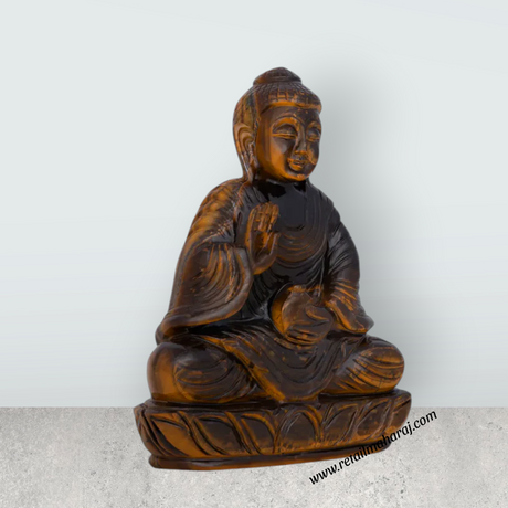 Buddha Statue Sitting on Flower Base - 6 x 4.5 Inches | Tiger Eye Semi-Precious Stone / Stone Buddha Murti / Buddha Idol for Home - Retail Maharaj