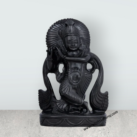 Krishna Standing on Base Murti - 7.5 x 5 Inches | Black Opal Statue/ Lord Krishna Idol/ Ganapathi Statue for Pooja - Retail Maharaj