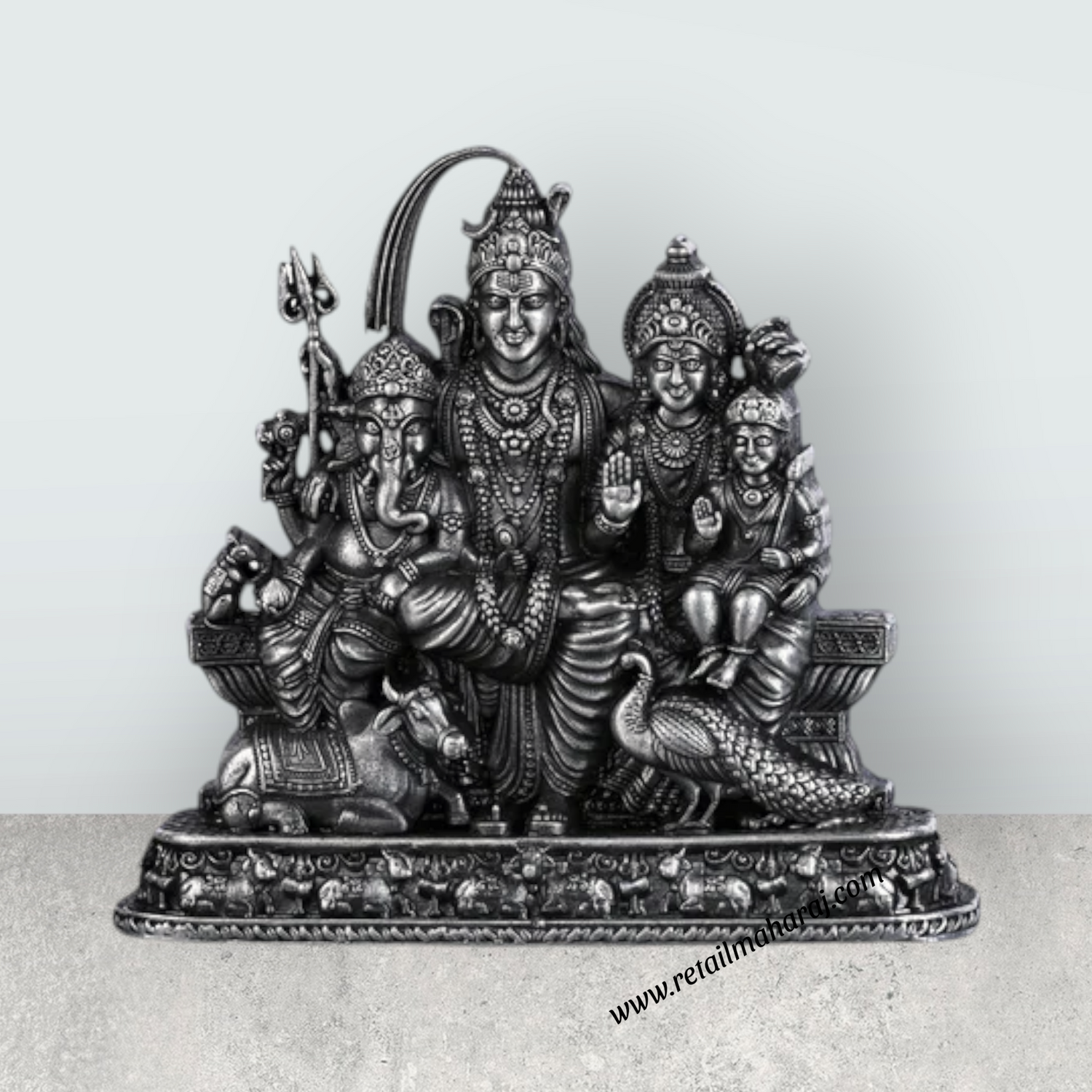 Shiv Family Murti With Base - 2.5 X 2.25 Inches | Silver Idol/ Antique Polish Shiva Family Statue For Pooja - Retail Maharaj