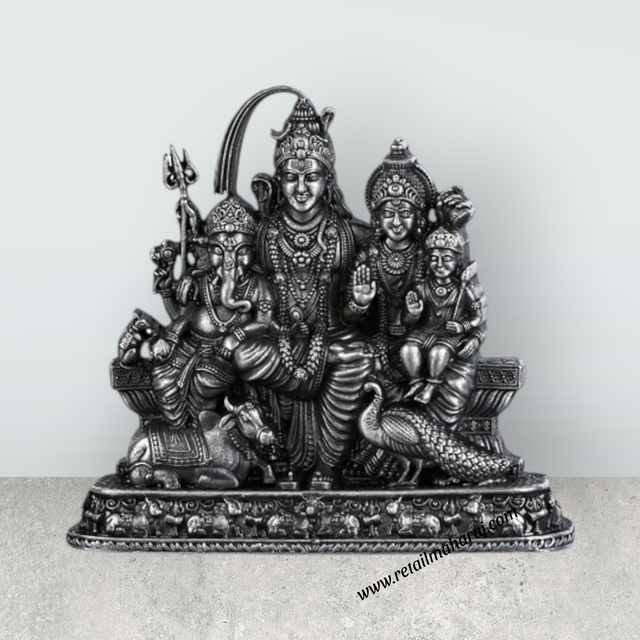 Shiv Family Murti With Base - 2.5 X 2.25 Inches | Silver Idol/ Antique Polish Shiva Family Statue For Pooja - Retail Maharaj