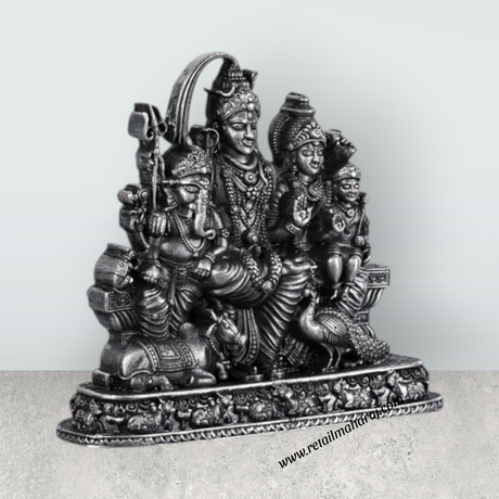 Shiv Family Murti With Base - 2.5 X 2.25 Inches | Silver Idol/ Antique Polish Shiva Family Statue For Pooja - Retail Maharaj