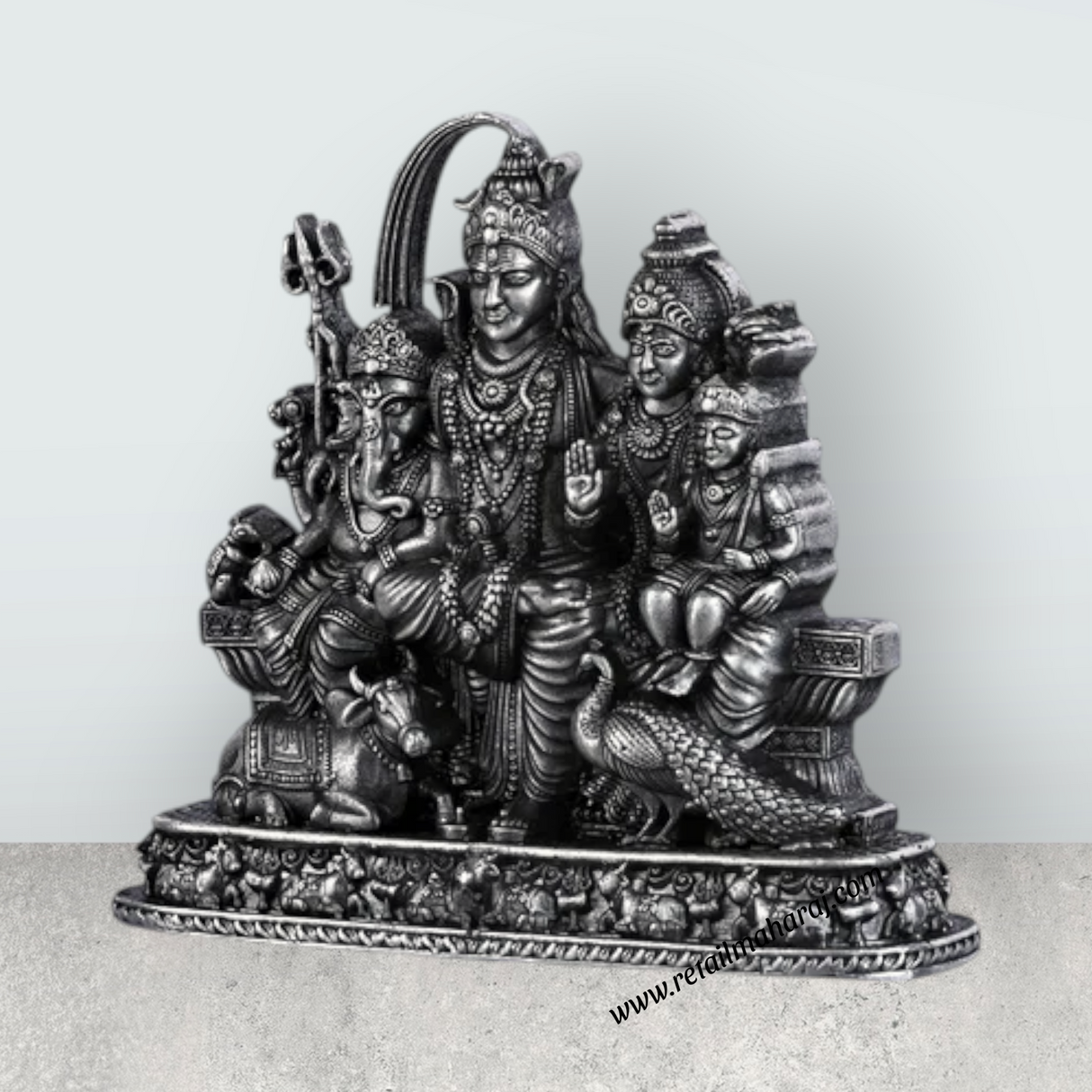 Shiv Family Murti With Base - 2.5 X 2.25 Inches | Silver Idol/ Antique Polish Shiva Family Statue For Pooja - Retail Maharaj