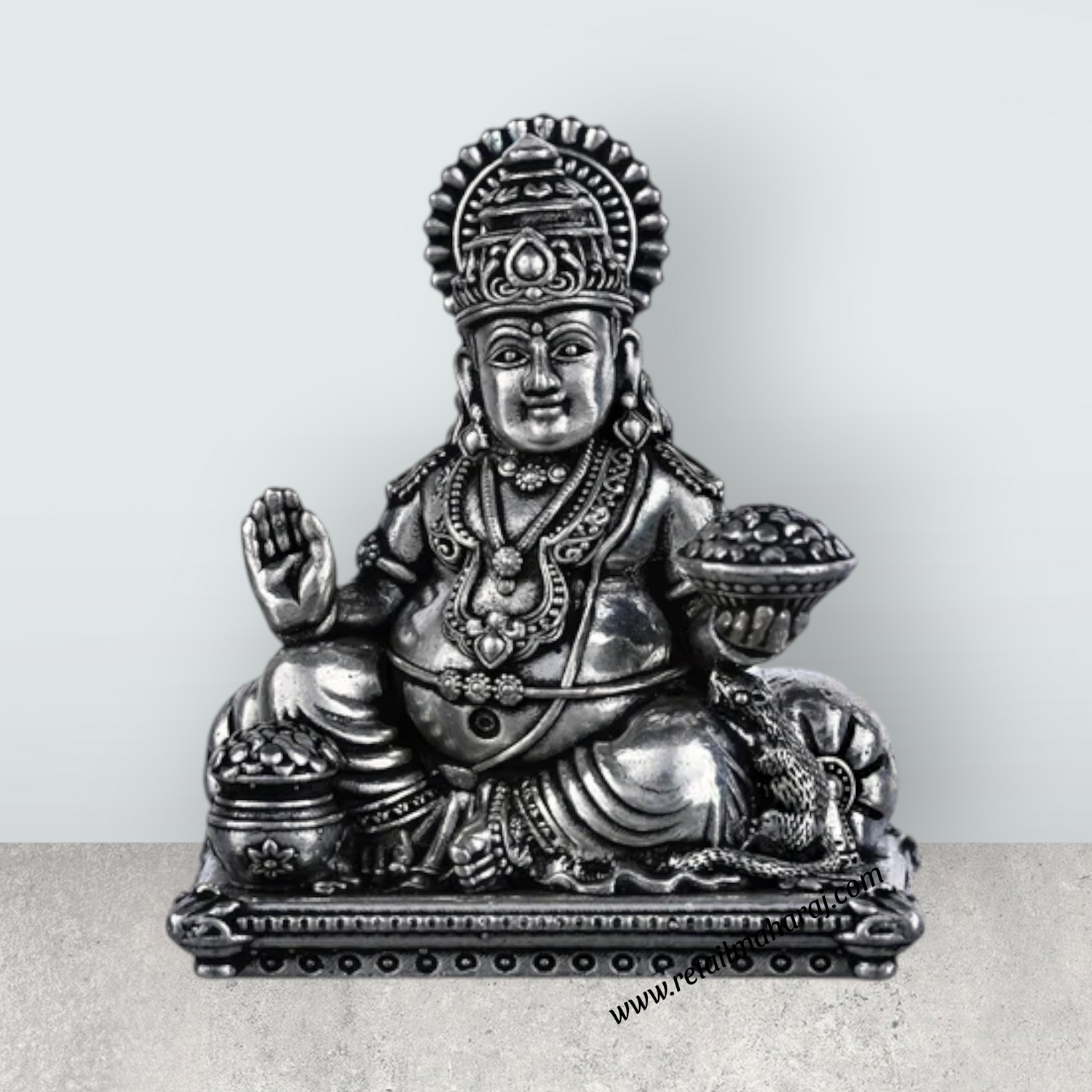Kuber Statue Sitting On Sinhasan - 2 X 1.5 Inches | Silver Idol/ Antique Polish Kubera Statue For Wealth Pooja - Retail Maharaj