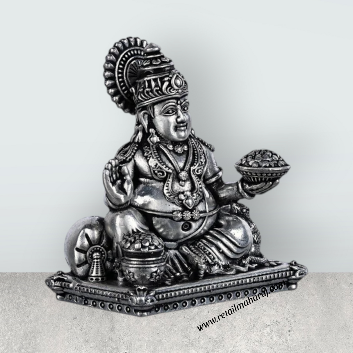 Kuber Statue Sitting On Sinhasan - 2 X 1.5 Inches | Silver Idol/ Antique Polish Kubera Statue For Wealth Pooja - Retail Maharaj