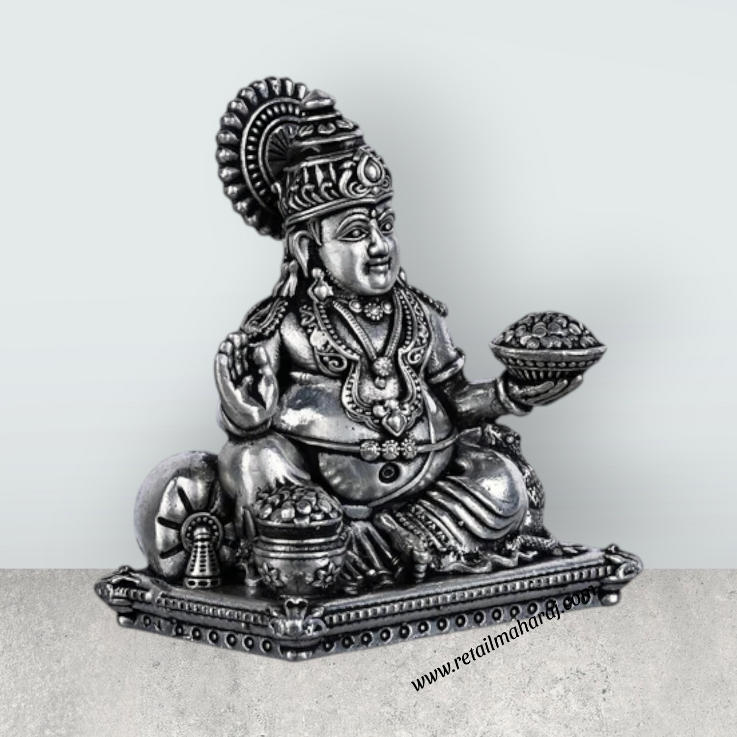 Kuber Statue Sitting On Sinhasan - 2 X 1.5 Inches | Silver Idol/ Antique Polish Kubera Statue For Wealth Pooja - Retail Maharaj