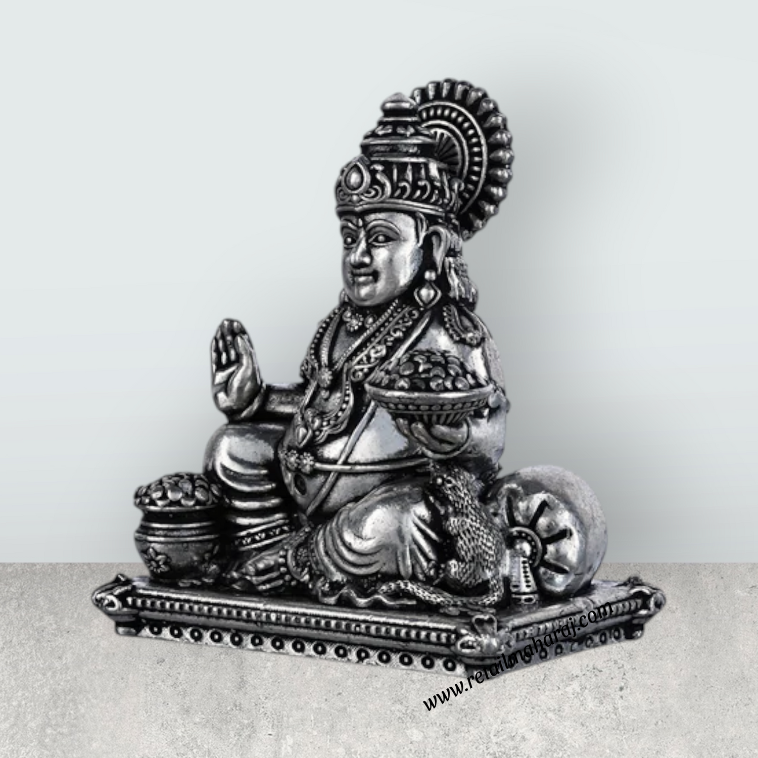 Kuber Statue Sitting On Sinhasan - 2 X 1.5 Inches | Silver Idol/ Antique Polish Kubera Statue For Wealth Pooja - Retail Maharaj