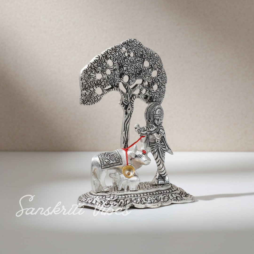Metal Krishna Idol with Kamdhenu Cow Standing Under Tree – Decorative Showpiece Figurine for Pooja & Home Temple by Sanskriti Vibes | Glossy Finish - Retail Maharaj