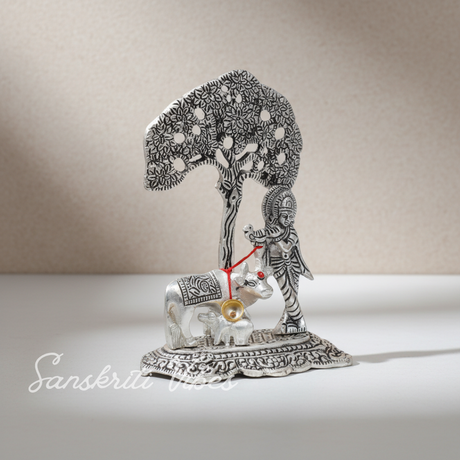 Metal Krishna Idol with Kamdhenu Cow Standing Under Tree – Decorative Showpiece Figurine for Pooja & Home Temple by Sanskriti Vibes | Glossy Finish - Retail Maharaj