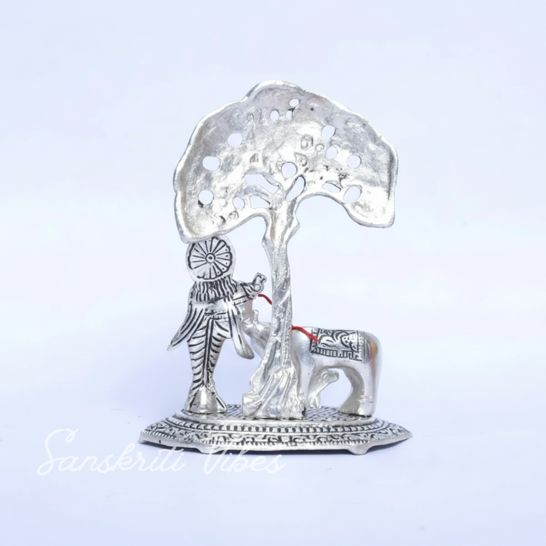 Metal Krishna Idol with Kamdhenu Cow Standing Under Tree – Decorative Showpiece Figurine for Pooja & Home Temple by Sanskriti Vibes | Glossy Finish - Retail Maharaj