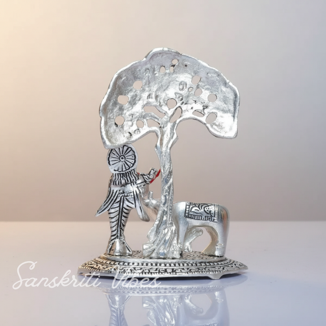 Metal Krishna Idol with Kamdhenu Cow Standing Under Tree – Decorative Showpiece Figurine for Pooja & Home Temple by Sanskriti Vibes | Glossy Finish - Retail Maharaj