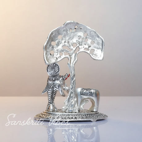 Metal Krishna Idol with Kamdhenu Cow Standing Under Tree – Decorative Showpiece Figurine for Pooja & Home Temple by Sanskriti Vibes | Glossy Finish - Retail Maharaj