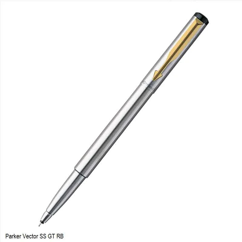 Parker Vector Stainless Steel Gold Trim Roller Ball Pen | Ink Color – Blue