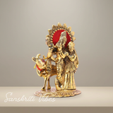 Metal Radha Krishna Standing with Cow Statue for Home Decor, Office Decor and Gift Purpose Decorative Showpiece 16 cm Metal Idol - Retail Maharaj