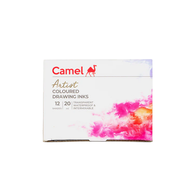 Camel Assorted Coloured Drawing Inks Set of 12 Shades in 20ml Bottles - Retail Maharaj