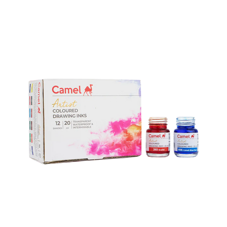 Camel Assorted Coloured Drawing Inks Set of 12 Shades in 20ml Bottles - Retail Maharaj