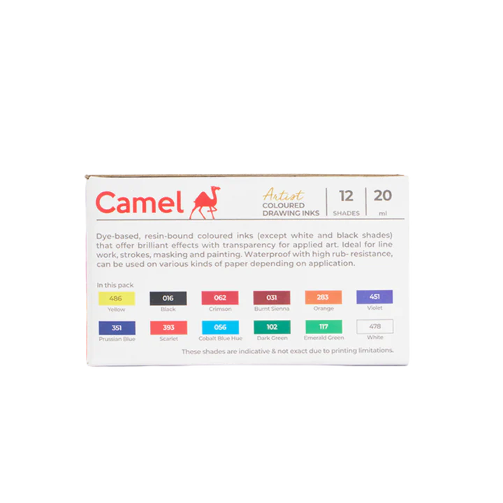 Camel Assorted Coloured Drawing Inks Set of 12 Shades in 20ml Bottles - Retail Maharaj